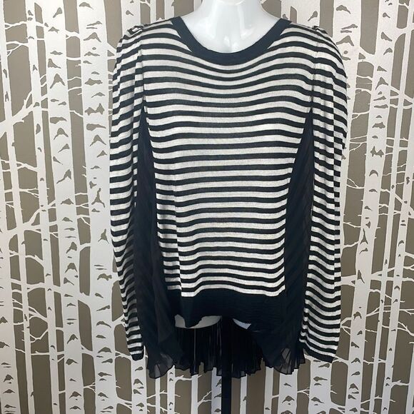 J&M Black & White Striped Sweater Sheer Pleated Back sz 42 - Picture 1 of 9